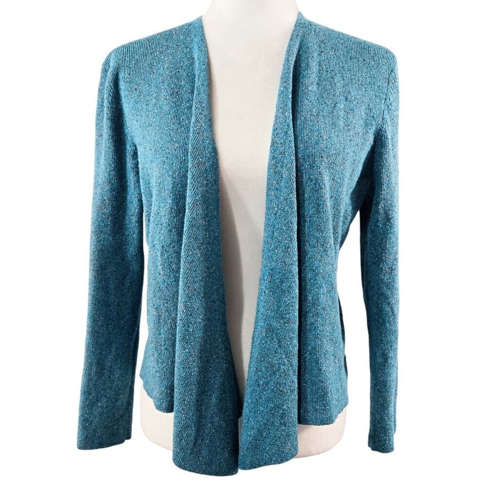 Nic+Zoe Blue Speckled Open Drape Front Cropped Cardigan Ribbed Waist